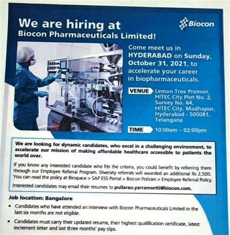 Biocon Walk In Interview For Production On 31st Oct 2021