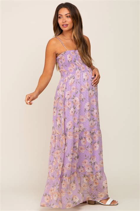 Lavender Floral Swiss Dot Smocked Maternity Maxi Dress Pinkblush