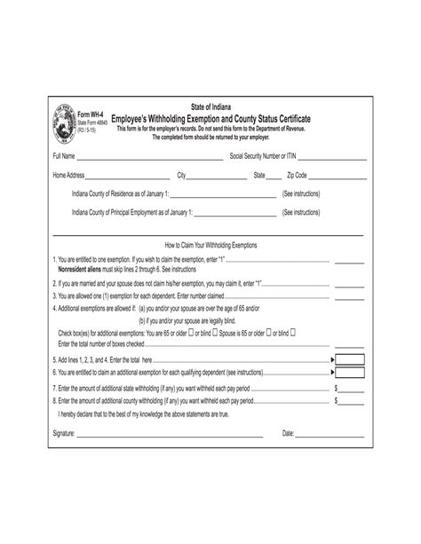 Indiana Wh 4 Printable Form In W 4 Form State Tax Withholding