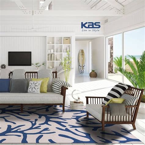 Blue Coral Reef Hand Hooked Rug Beach House Interior Ivory Living