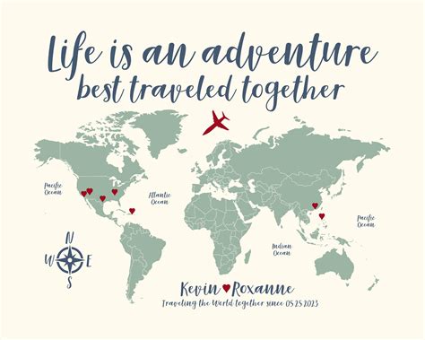 Custom World Map Travel Poster - Personalized Travel Map with Travel Quote - Life is an ...