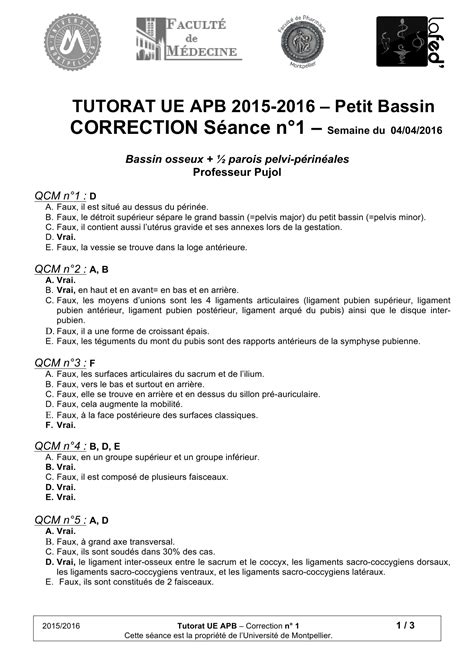 CORRECTION Séance n1 TUTORAT UE APB 2015 2016 Petit Bassin