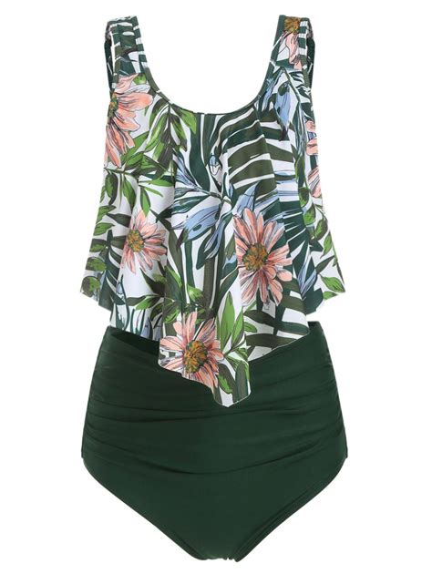 45 Off 2021 Floral Leaf Ruched Flounce Tankini Set In Dark Forest Green Dresslily