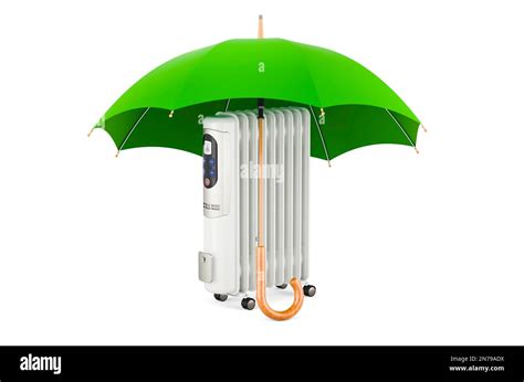 Electric Oil Heater Under Umbrella 3d Rendering Isolated On White