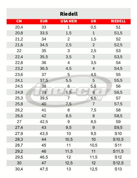 Riedell Ice Skates Size Chart: A Visual Reference of Charts | Chart Master