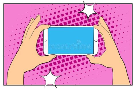 Comic Smartphone Phone With Halftone Shadows Hand Holding Smartphone