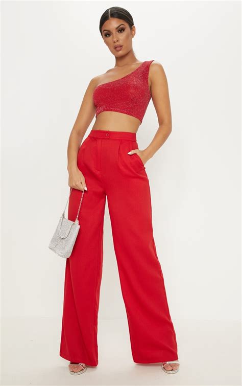 Red Glitter One Shoulder Crop Top Tops Prettylittlething