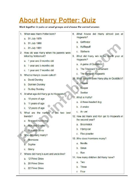 Harry Potter Quiz Esl Worksheet By Rupipot