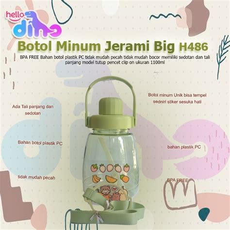 Jual Hello Dino H486 Hijau Botol Minum Big Belly Jerami Anak Tutup