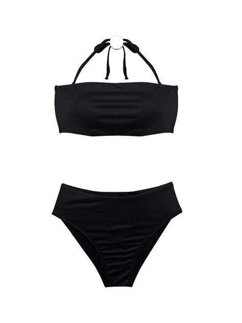 Emmiol Free Shipping Solid Color Bandeau Bikini Set Black M In