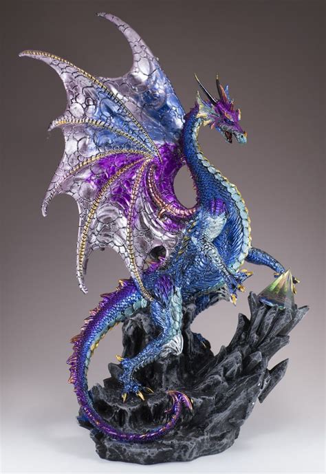 Blue And Purple Dragon Fantasy Figurine With Glass Pyramid Highly Detailed Resin Height 16