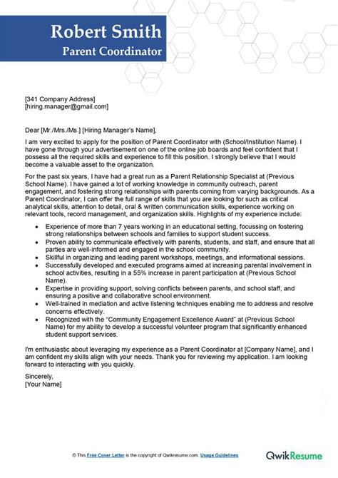 Parent Coordinator Cover Letter Examples QwikResume