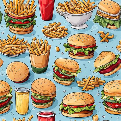 Seamless Pattern With Fast Food Food With Burgers Hamburgers And Fries