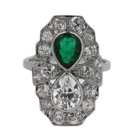 Art Deco Revival Hexagon Shaped Diamond Emerald Black Onyx Platinum