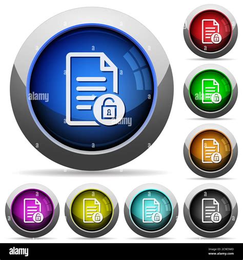 Unlock Document Icons In Round Glossy Buttons With Steel Frames Stock