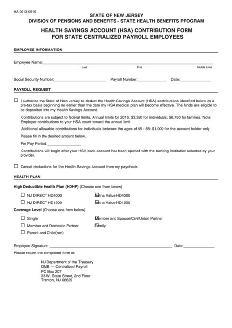 Health Savings Account Hsa Contribution Form For State Centralized