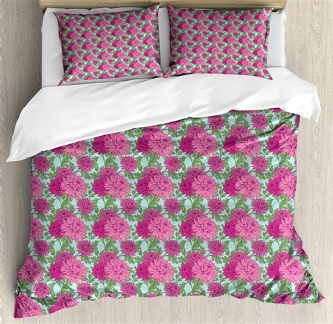 Floral Duvet Cover Set Queen Size, Chrysanthemum Bouquets Flowering Plants Leaflet Garden Exotic ...