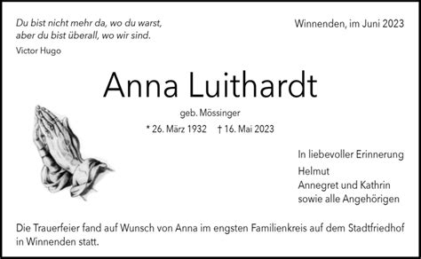 Traueranzeigen Von Anna Luithardt ZVW Trauer