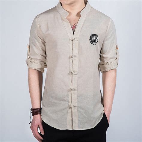 Nice Embroidery Frog Button Mandarin Shirt Beige Chinese Shirt