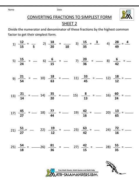 Simplest Form Fraction Worksheets