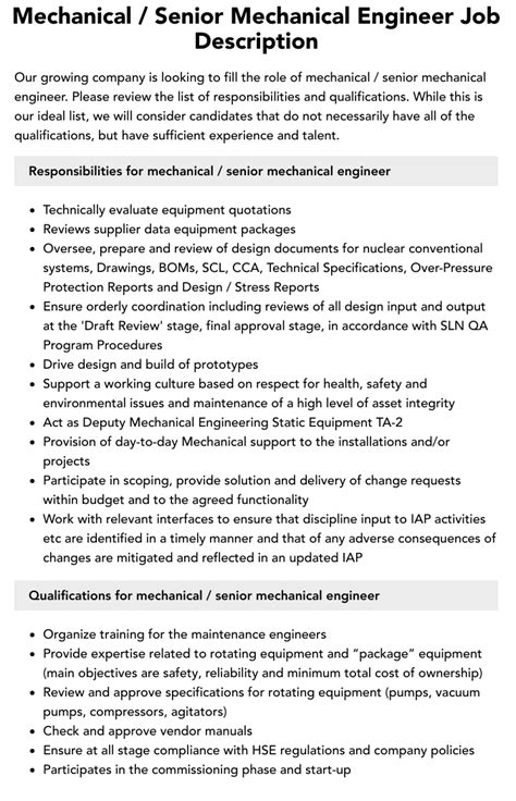 Mechanical Senior Mechanical Engineer Job Description Velvet Jobs