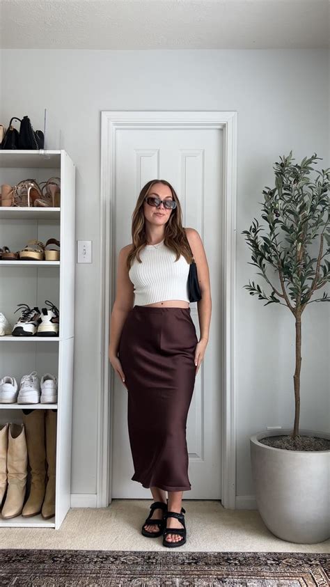 Satin Column Maxi Skirt Curated On LTK Satin Skirt Outfit Brown Maxi