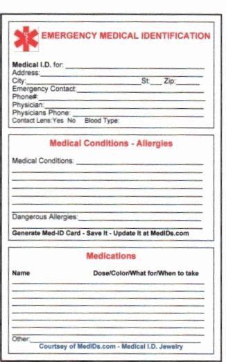 Free Printable Medical Alert Card