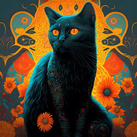 Una Pintura De Un Gato Negro Con Ojos Naranjas Y Ojos Amarillos Foto