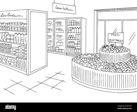 Grocery Store Graphic Shop Interior Black White Sketch Illustration