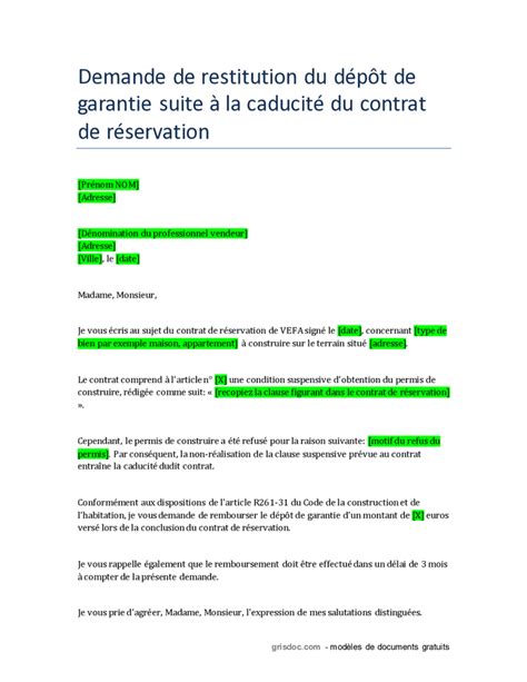 Demande de restitution du dépôt de garantie suite à la caducité du