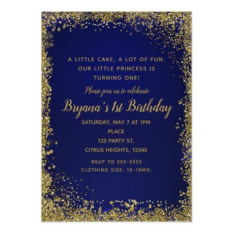 Royal Blue And Gold Glitter Glam 1st Birthday Party Invitation