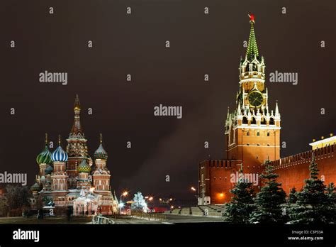 Spassky Tower Of Moscow Kremlin And St Basils Cathedral On Red Square