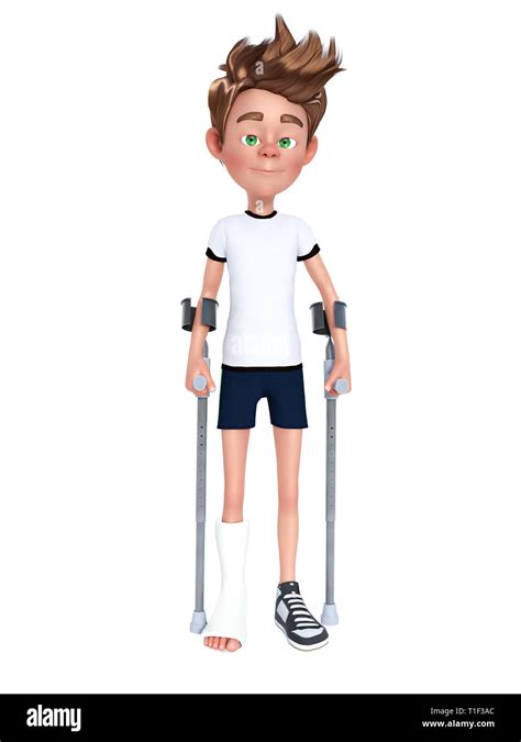 3D rendering of a cartoon boy having a broken leg in cast and using ...