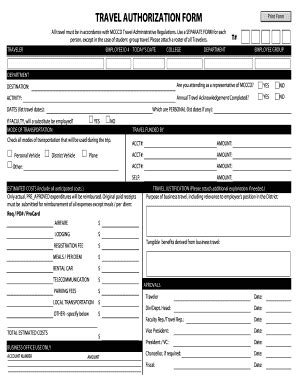 Fillable Online Mesacc TRAVEL AUTHORIZATION FORM Phoenix College