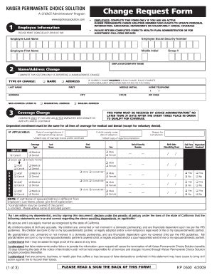 Fillable Online Kaiser Permanente Choice Solution Change