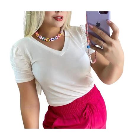 Blusa Podrinha Gola V Manga Curta Bufante Feminina Shopee Brasil