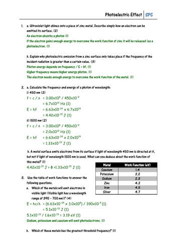 Photoelectric Effect And Calculations Worksheet Teaching Resources