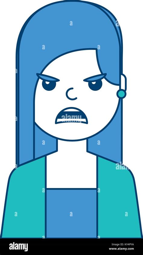 Portrait Woman Angry Facial Expression Cartoon Vector Illustration Blue