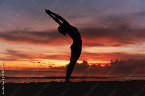 Yoga Poses Woman Standing In Backbend Asana On Ocean Beach Female