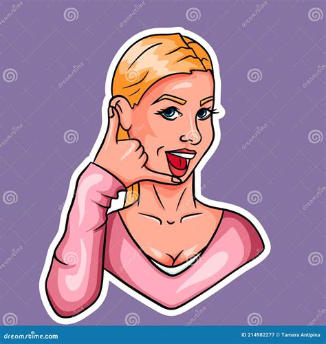 Sticker Of A Girl Showing A Call Me Gesture Portrait Of A Girl Stock