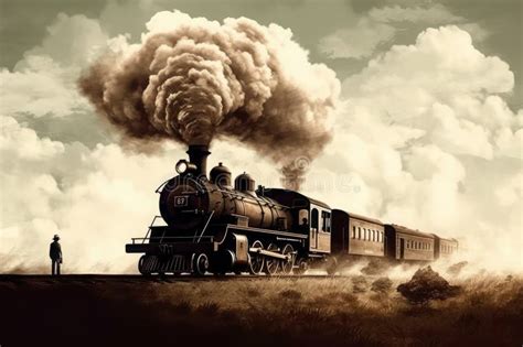 An Old Fashioned Steam Locomotive Puffs Along The Tracks Stock