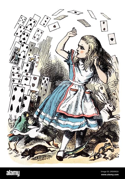 Alice flying cards Alice in Wonderland colored Tenniel illustration ...