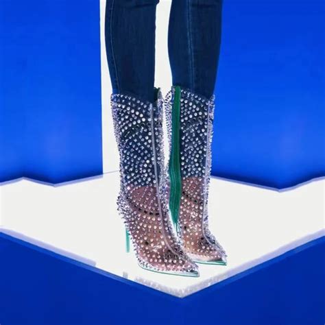 Transparente Pvc Strass Na Altura Do Joelho Botas Novas Mulheres