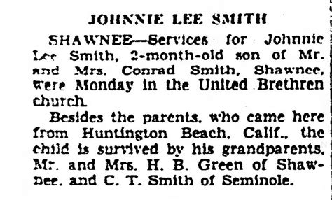 Smith Johnnie Lee Smith Aged 2 Obituary Dec 1946 ™