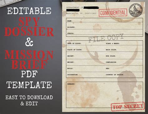 Editable Spy Dossier & Mission Brief PDF Template - Digital Download