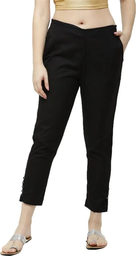 Buy De Moza Women Black Solid Cotton Blend Slim Fit Trousers M Online At Best Prices In India