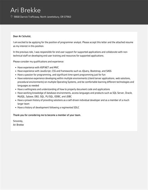 Programmer Analyst Cover Letter Velvet Jobs