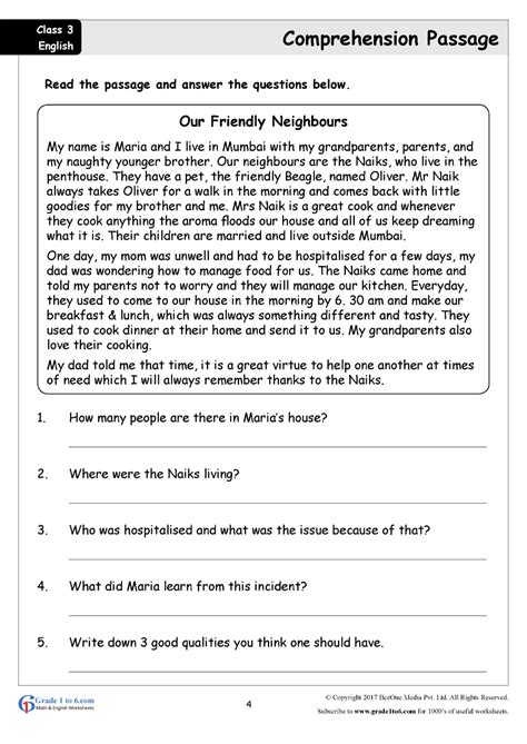 Comprehension Passage For Class 3 English Comprehension Passages 3rd Grade