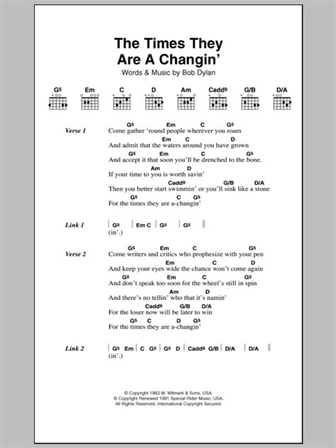 The Times They Are A-Changin' by Bob Dylan - Guitar Chords/Lyrics ...