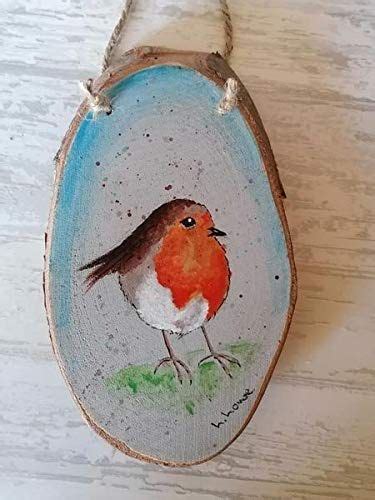 Hand Painted Robin Art Robins Rustic Wooden Log Slice Hanging